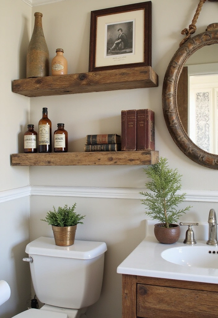31 Rustic Floating Shelves Ideas: Enhance Your Small Bathroom with Reclaimed Wood Decor! - 11. Vintage Charm with Reclaimed Wood