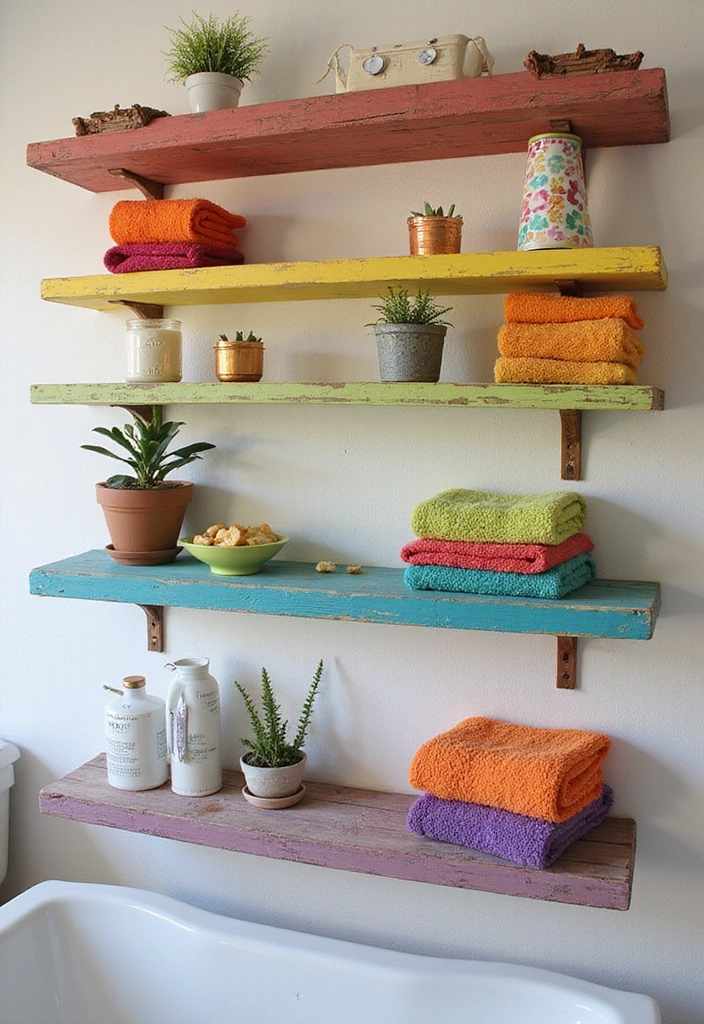 31 Rustic Floating Shelves Ideas: Enhance Your Small Bathroom with Reclaimed Wood Decor! - 12. Colorful Rustic Shelves