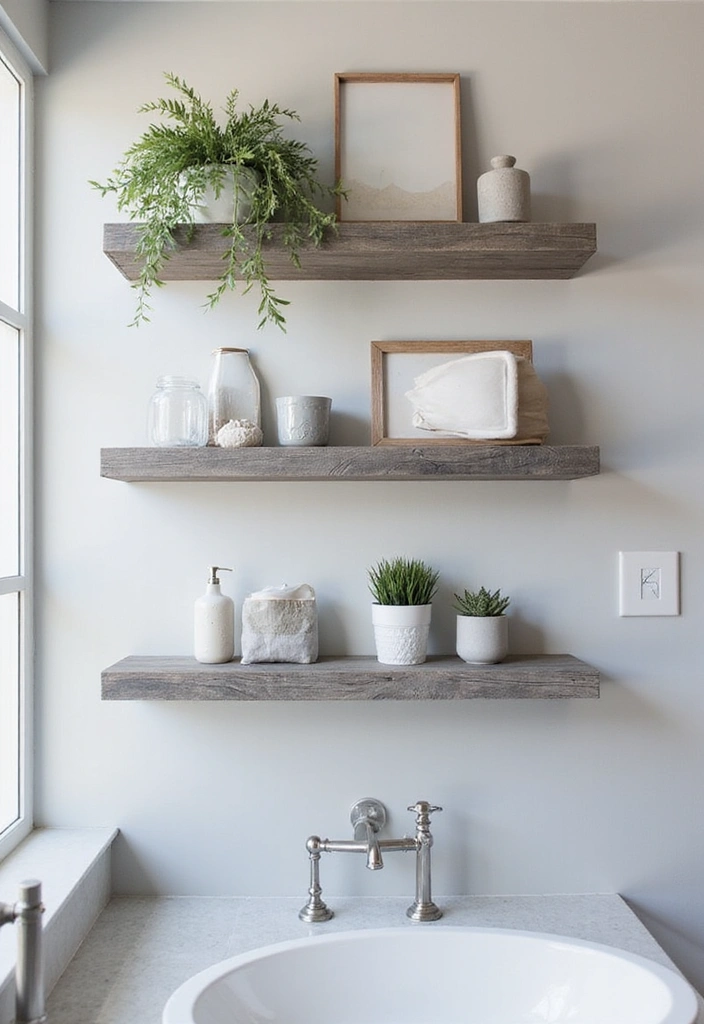 31 Rustic Floating Shelves Ideas: Enhance Your Small Bathroom with Reclaimed Wood Decor! - 13. Monochromatic Shelves