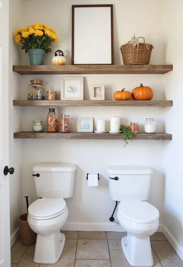 31 Rustic Floating Shelves Ideas: Enhance Your Small Bathroom with Reclaimed Wood Decor! - 17. Seasonal Decor on Rustic Shelves