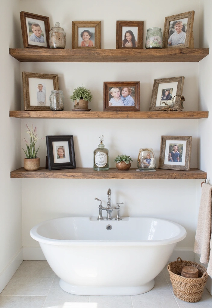 31 Rustic Floating Shelves Ideas: Enhance Your Small Bathroom with Reclaimed Wood Decor! - 18. Family Photos on Rustic Shelves