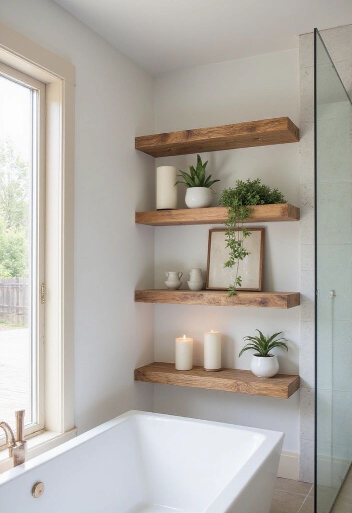 31 Rustic Floating Shelves Ideas: Enhance Your Small Bathroom with Reclaimed Wood Decor! - 19. Floating Shelves with Natural Wood Finish