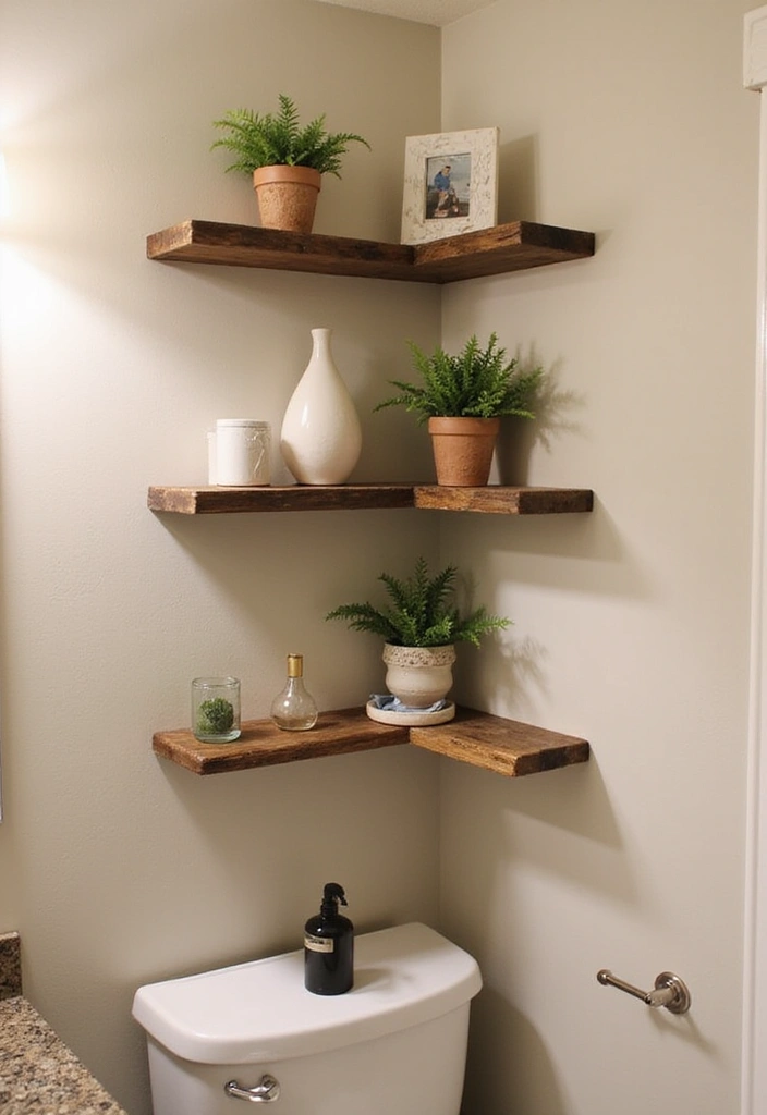 31 Rustic Floating Shelves Ideas: Enhance Your Small Bathroom with Reclaimed Wood Decor! - 2. Rustic Corner Shelves