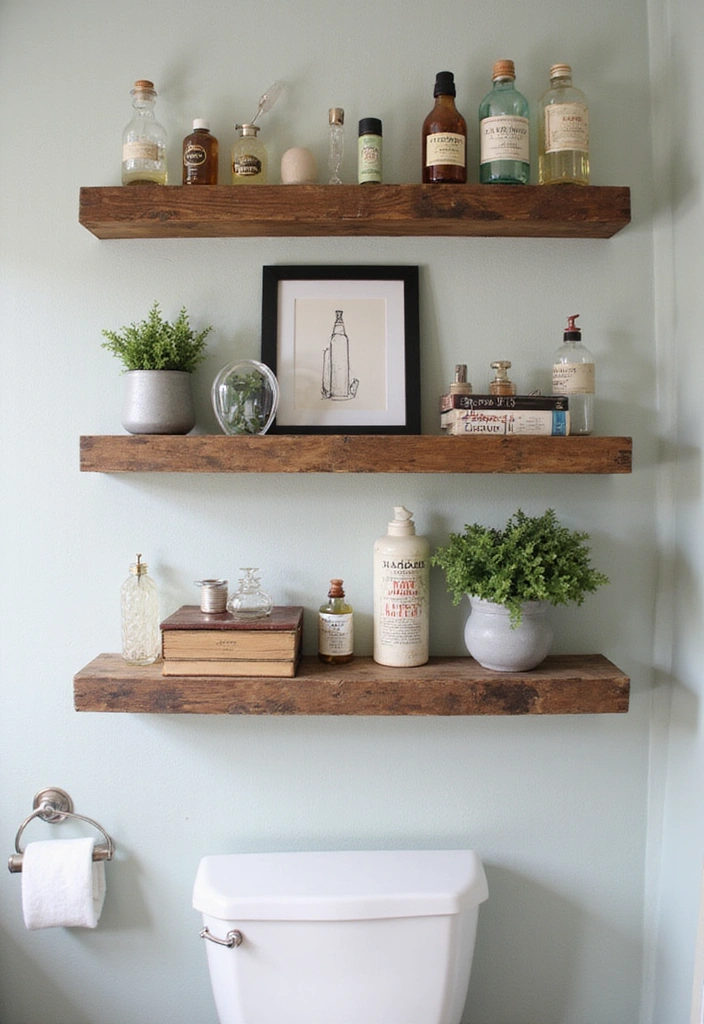 31 Rustic Floating Shelves Ideas: Enhance Your Small Bathroom with Reclaimed Wood Decor! - 20. Rustic Shelves with Creative Displays