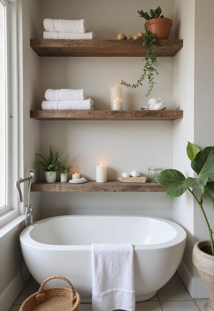 31 Rustic Floating Shelves Ideas: Enhance Your Small Bathroom with Reclaimed Wood Decor! - 21. Rustic Shelves for a Spa-Like Feel