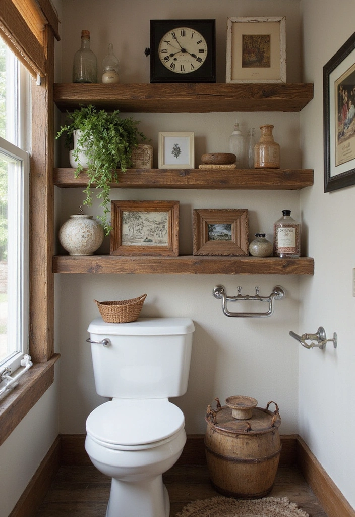 31 Rustic Floating Shelves Ideas: Enhance Your Small Bathroom with Reclaimed Wood Decor! - 22. Rustic Shelves with Vintage Accents