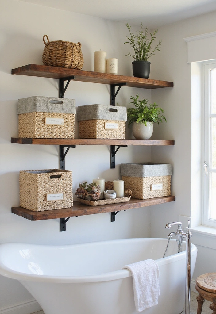 31 Rustic Floating Shelves Ideas: Enhance Your Small Bathroom with Reclaimed Wood Decor! - 23. Rustic Shelves with Open Storage Bins