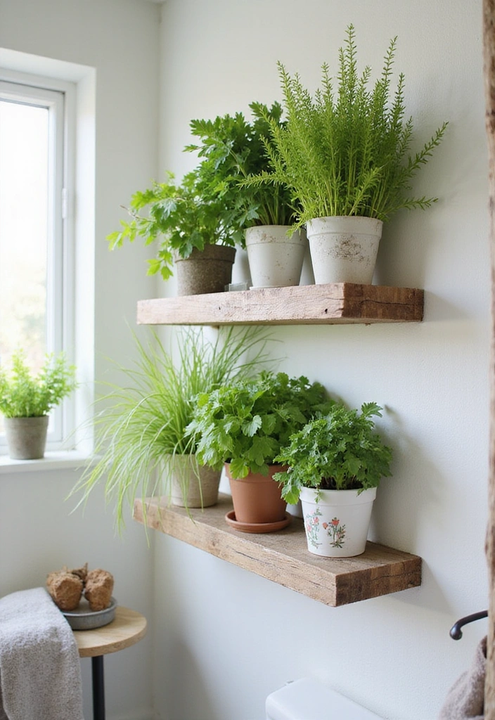 31 Rustic Floating Shelves Ideas: Enhance Your Small Bathroom with Reclaimed Wood Decor! - 24. Rustic Shelves with Herb Garden
