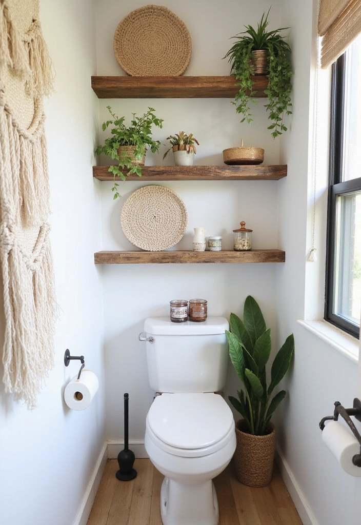31 Rustic Floating Shelves Ideas: Enhance Your Small Bathroom with Reclaimed Wood Decor! - 25. Rustic Shelves with Textured Wall Art