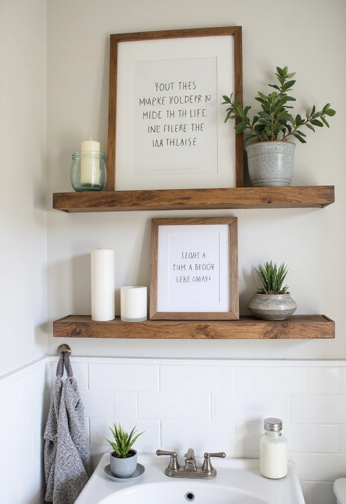 31 Rustic Floating Shelves Ideas: Enhance Your Small Bathroom with Reclaimed Wood Decor! - 26. Rustic Shelves with Inspirational Quotes