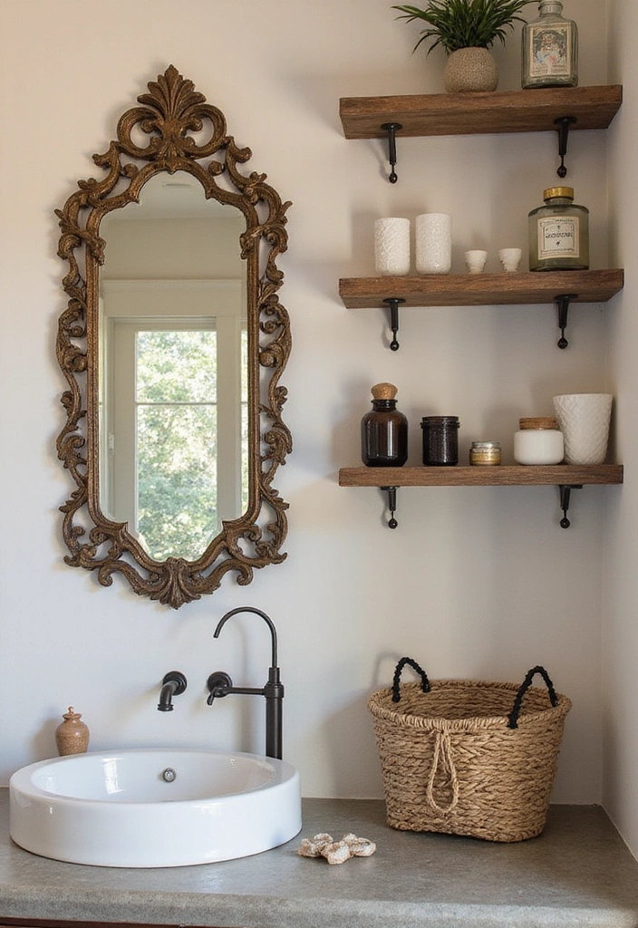 31 Rustic Floating Shelves Ideas: Enhance Your Small Bathroom with Reclaimed Wood Decor! - 27. Rustic Shelves with Vintage Mirrors