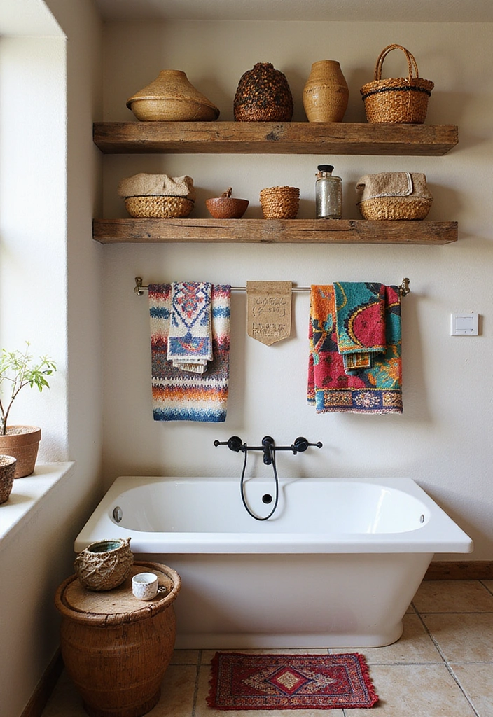 31 Rustic Floating Shelves Ideas: Enhance Your Small Bathroom with Reclaimed Wood Decor! - 28. Rustic Shelves with Colorful Textiles