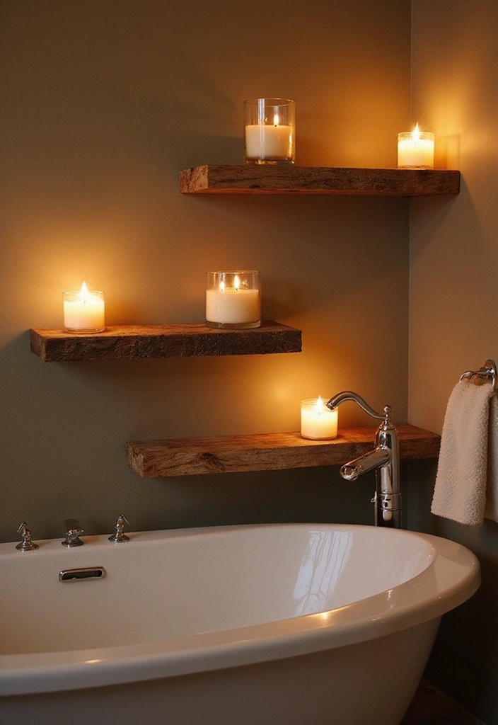 31 Rustic Floating Shelves Ideas: Enhance Your Small Bathroom with Reclaimed Wood Decor! - 29. Rustic Shelves with Floating Candle Holders
