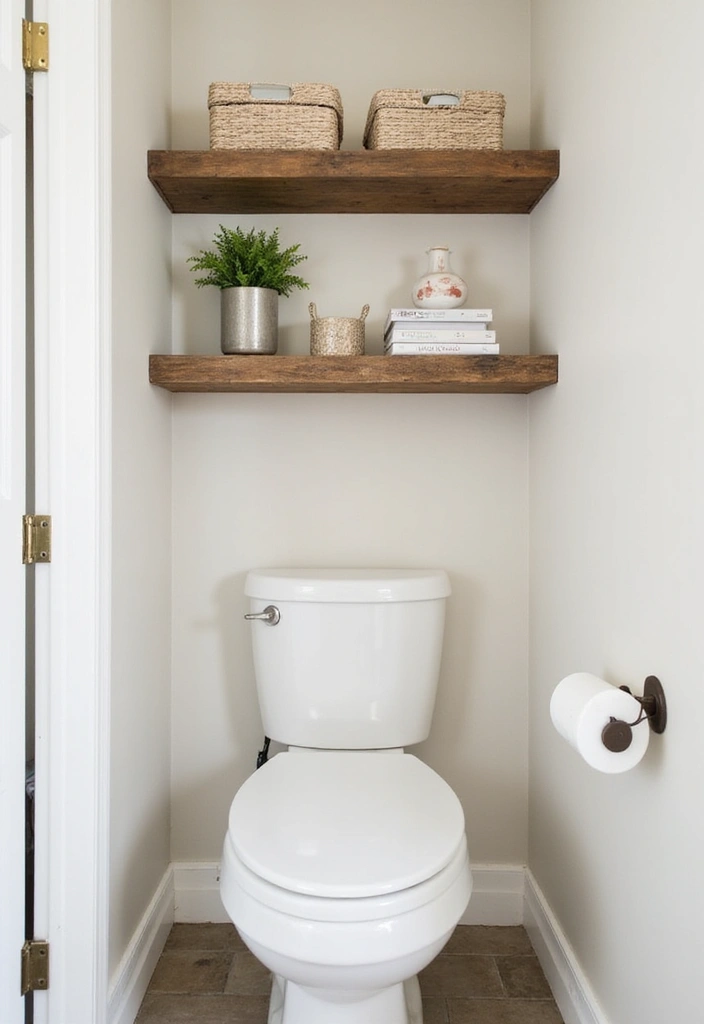 31 Rustic Floating Shelves Ideas: Enhance Your Small Bathroom with Reclaimed Wood Decor! - 3. Shelves Above the Toilet
