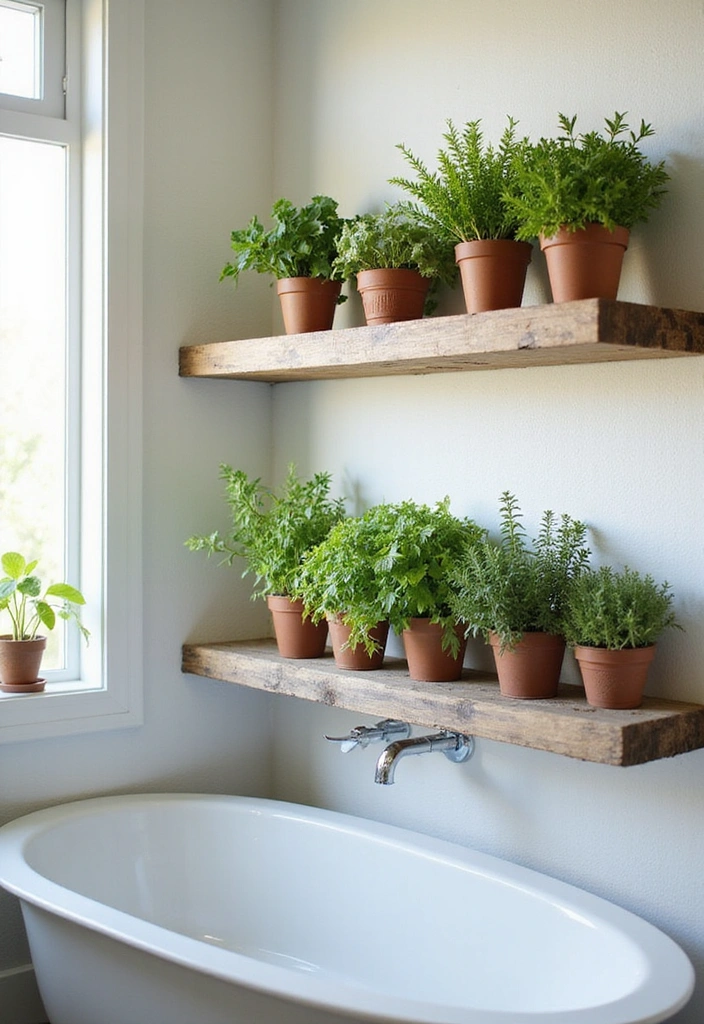 31 Rustic Floating Shelves Ideas: Enhance Your Small Bathroom with Reclaimed Wood Decor! - 30. Rustic Shelves with Herb Garden Planters