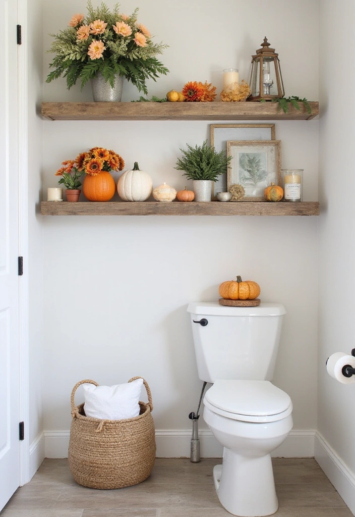 31 Rustic Floating Shelves Ideas: Enhance Your Small Bathroom with Reclaimed Wood Decor! - 31. Rustic Shelves with Seasonal Decor Themes
