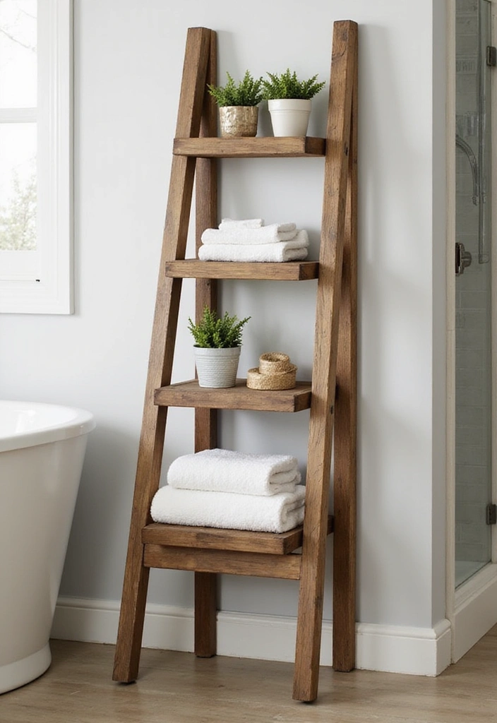 31 Rustic Floating Shelves Ideas: Enhance Your Small Bathroom with Reclaimed Wood Decor! - 7. Rustic Bathroom Ladder Shelf