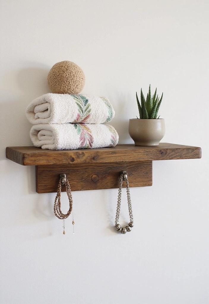 31 Rustic Floating Shelves Ideas: Enhance Your Small Bathroom with Reclaimed Wood Decor! - 8. Floating Shelves with Hooks