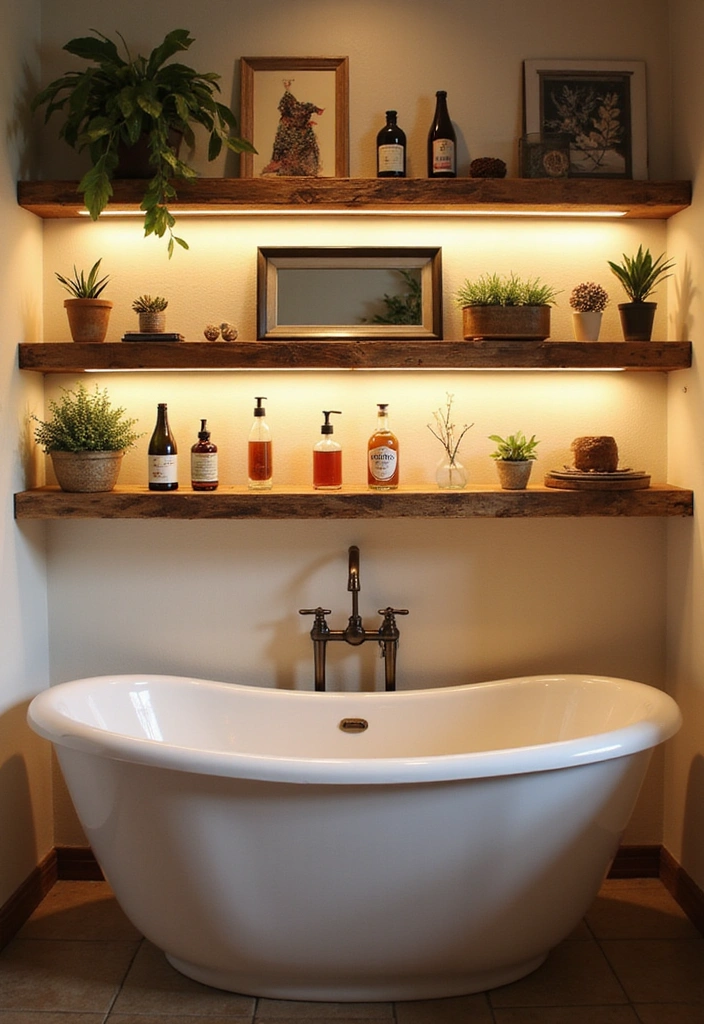 31 Rustic Floating Shelves Ideas: Enhance Your Small Bathroom with Reclaimed Wood Decor! - 9. Rustic Shelving with Backlighting