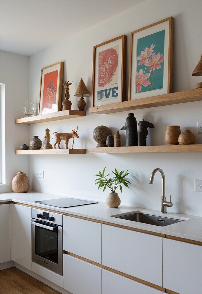 31 Stunning Floating Shelves Ideas for a Stylish White Kitchen with Elegant Flooring! - 10. Modern Art Display