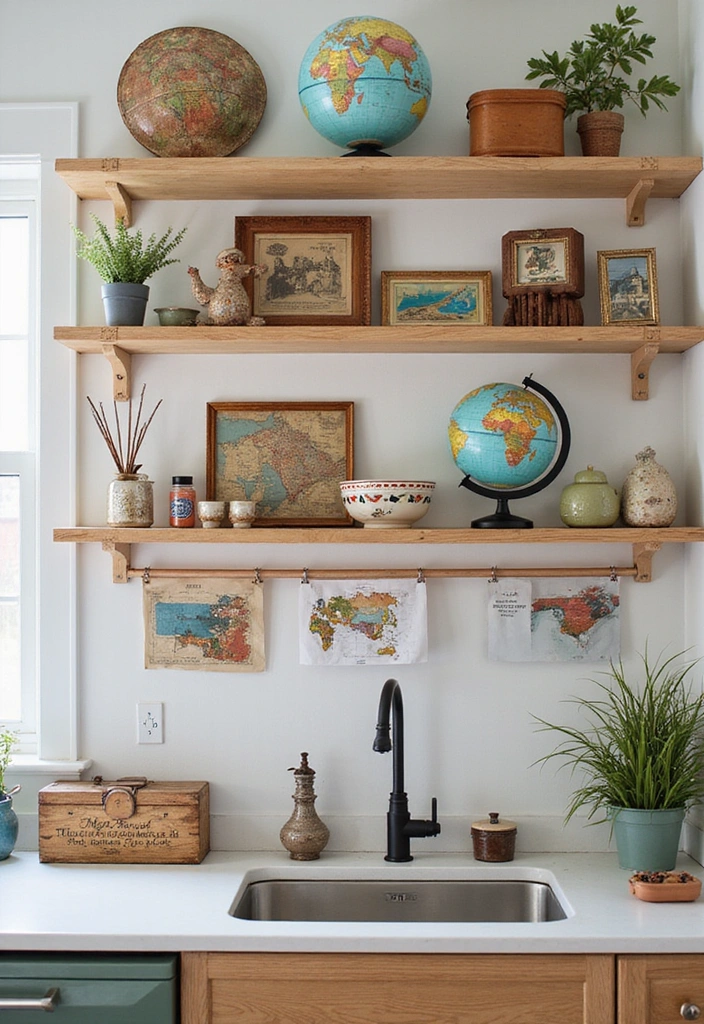 31 Stunning Floating Shelves Ideas for a Stylish White Kitchen with Elegant Flooring! - 11. Travel Inspiration