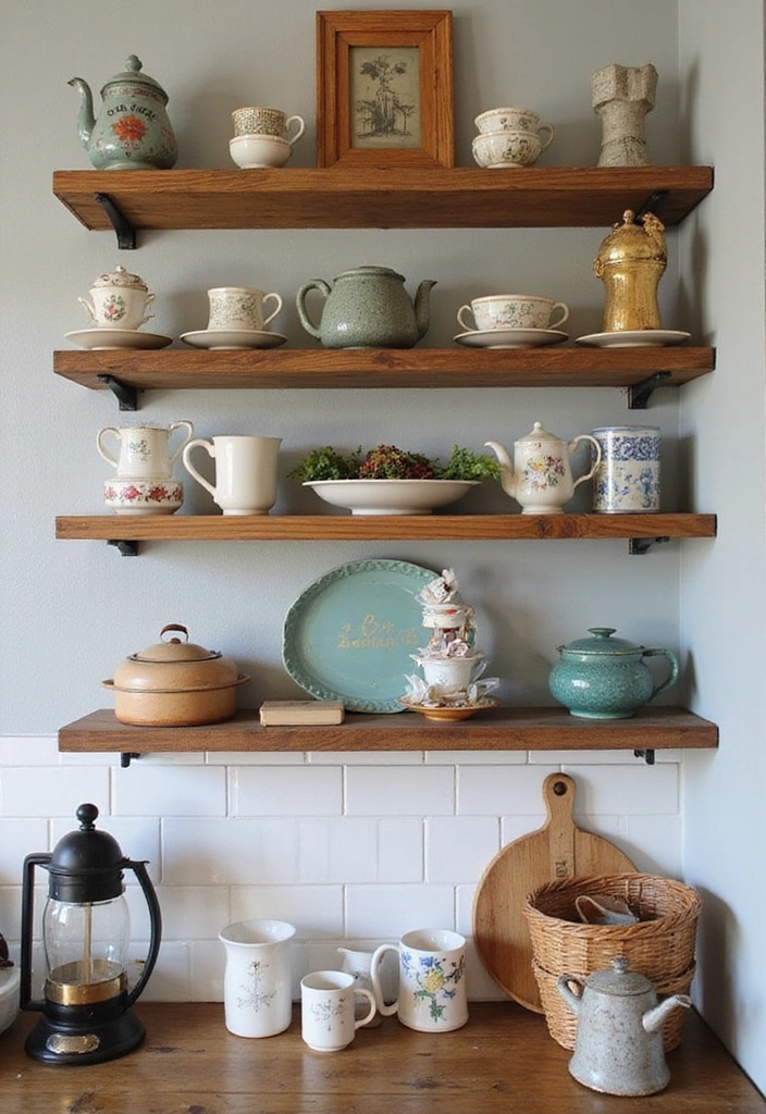 31 Stunning Floating Shelves Ideas for a Stylish White Kitchen with Elegant Flooring! - 12. Vintage Finds