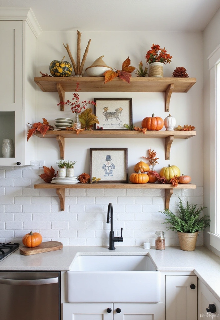 31 Stunning Floating Shelves Ideas for a Stylish White Kitchen with Elegant Flooring! - 13. Seasonal Decor