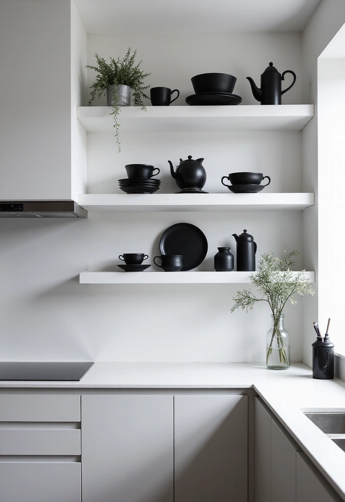 31 Stunning Floating Shelves Ideas for a Stylish White Kitchen with Elegant Flooring! - 18. Monochrome Elegance