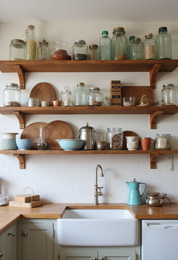 31 Stunning Floating Shelves Ideas for a Stylish White Kitchen with Elegant Flooring! - 21. Vintage-Inspired Displays