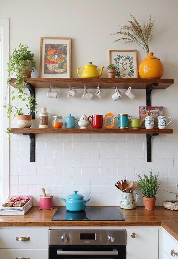 31 Stunning Floating Shelves Ideas for a Stylish White Kitchen with Elegant Flooring! - 22. Whimsical Playfulness