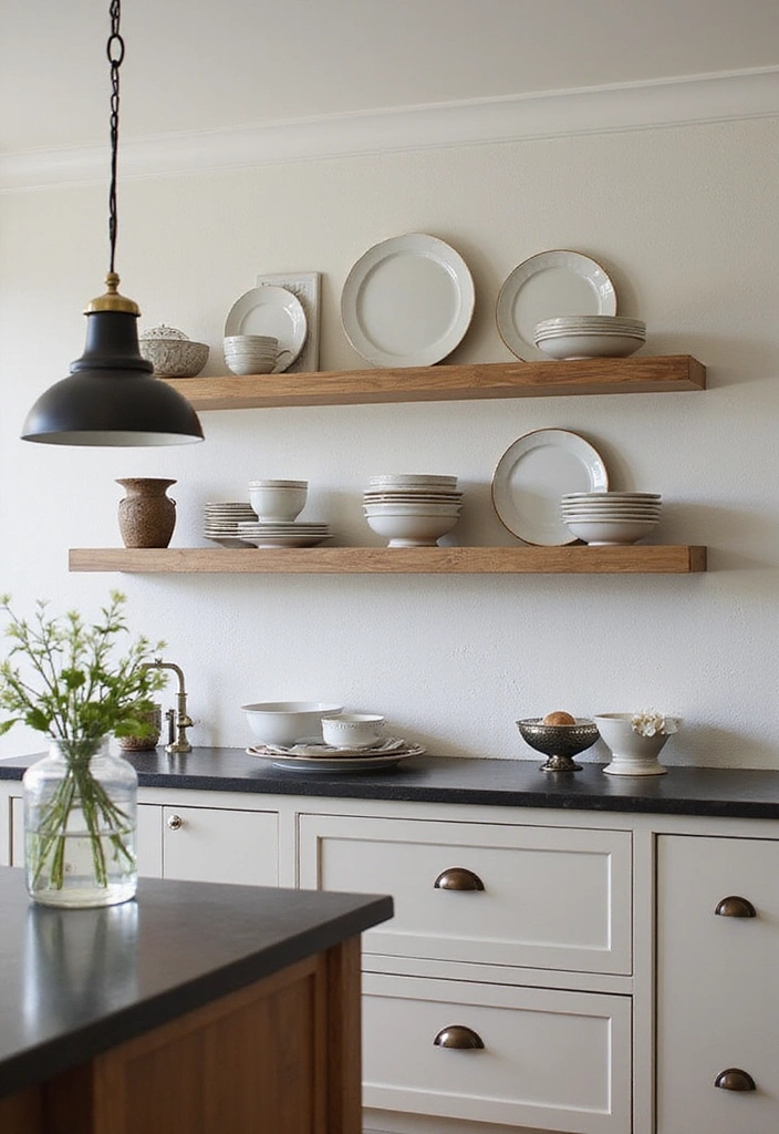 31 Stunning Floating Shelves Ideas for a Stylish White Kitchen with Elegant Flooring! - 25. Elegant Tableware Display