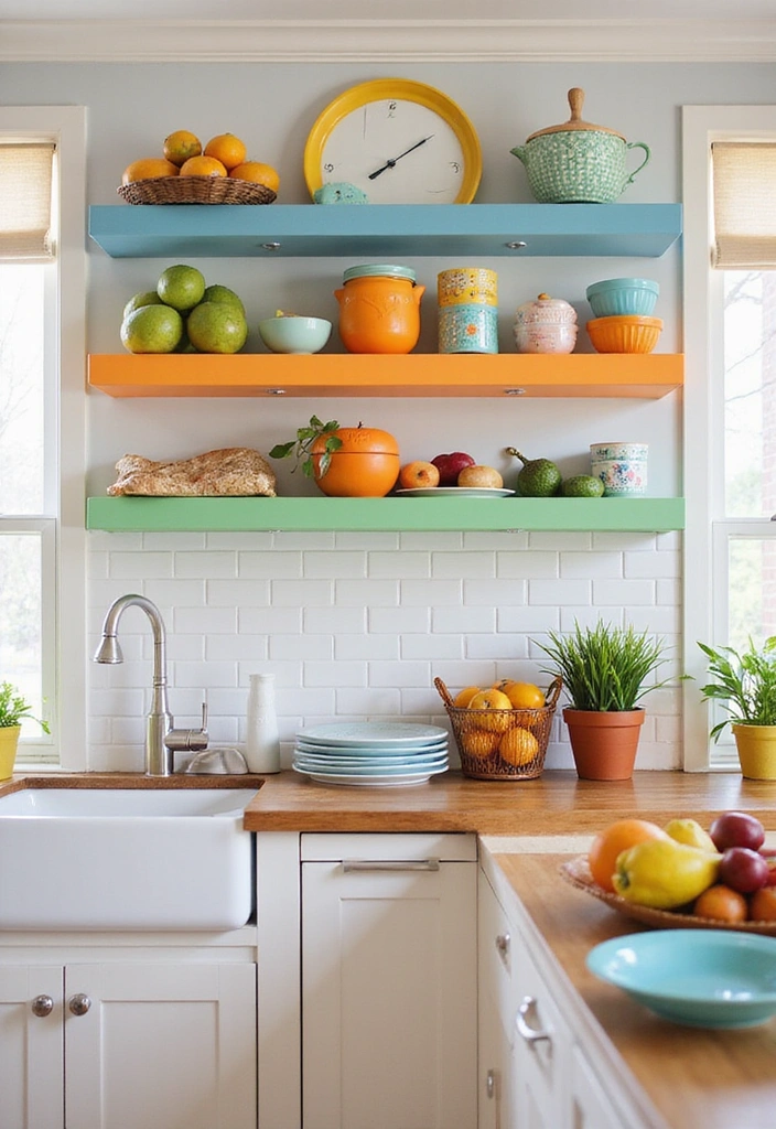 31 Stunning Floating Shelves Ideas for a Stylish White Kitchen with Elegant Flooring! - 26. Bright and Cheerful