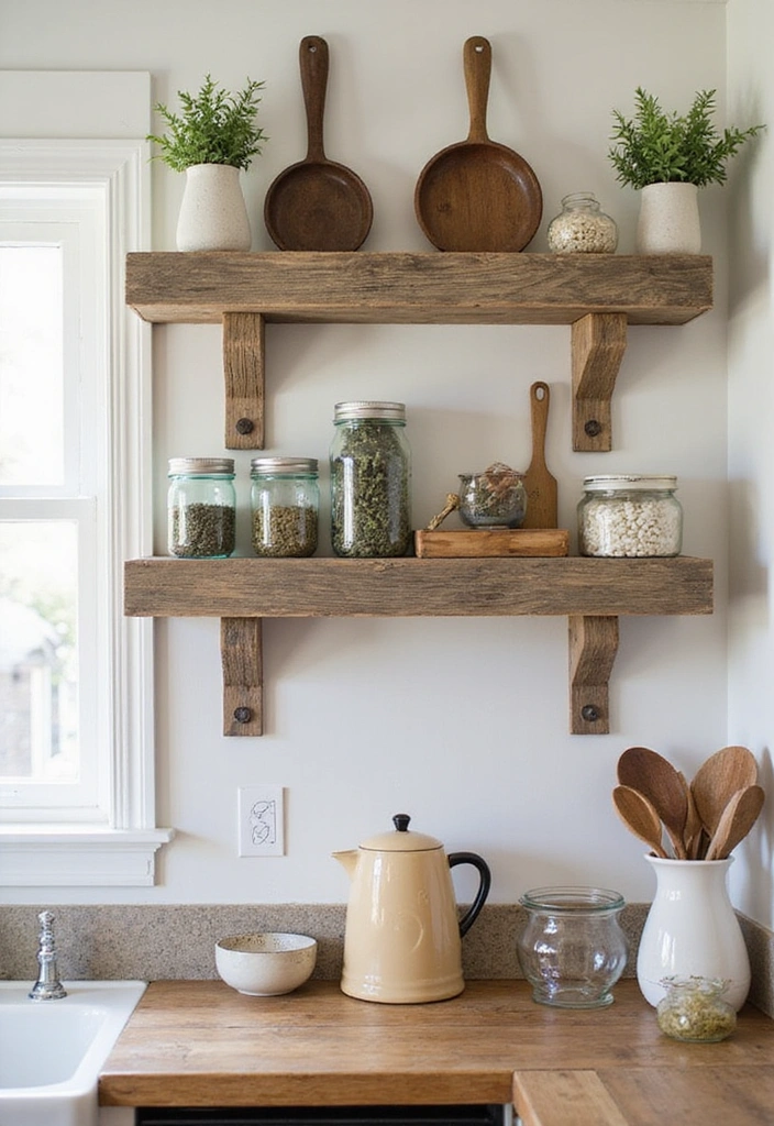 31 Stunning Floating Shelves Ideas for a Stylish White Kitchen with Elegant Flooring! - 27. Farmhouse Style
