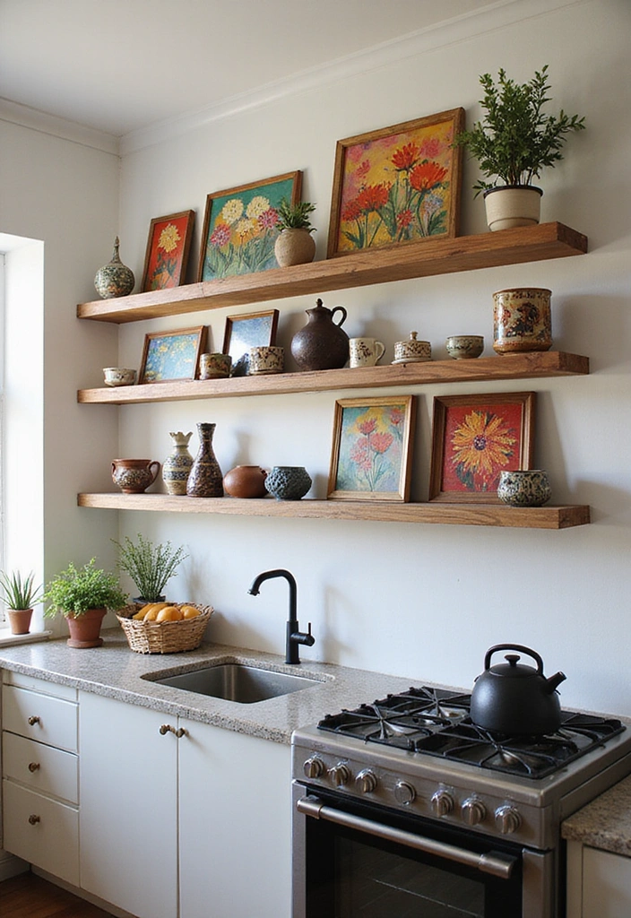 31 Stunning Floating Shelves Ideas for a Stylish White Kitchen with Elegant Flooring! - 28. Artistic Touch