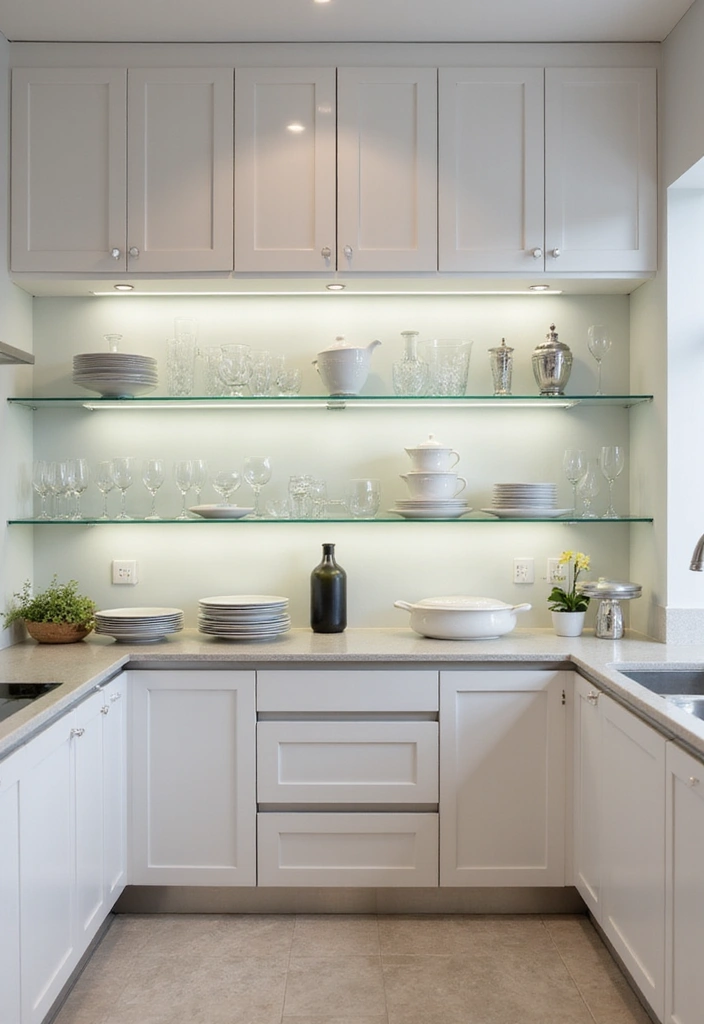 31 Stunning Floating Shelves Ideas for a Stylish White Kitchen with Elegant Flooring! - 4. Elegant Glass Shelves