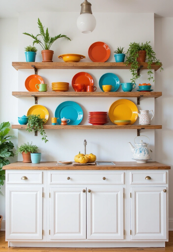 31 Stunning Floating Shelves Ideas for a Stylish White Kitchen with Elegant Flooring! - 5. Colorful Accents