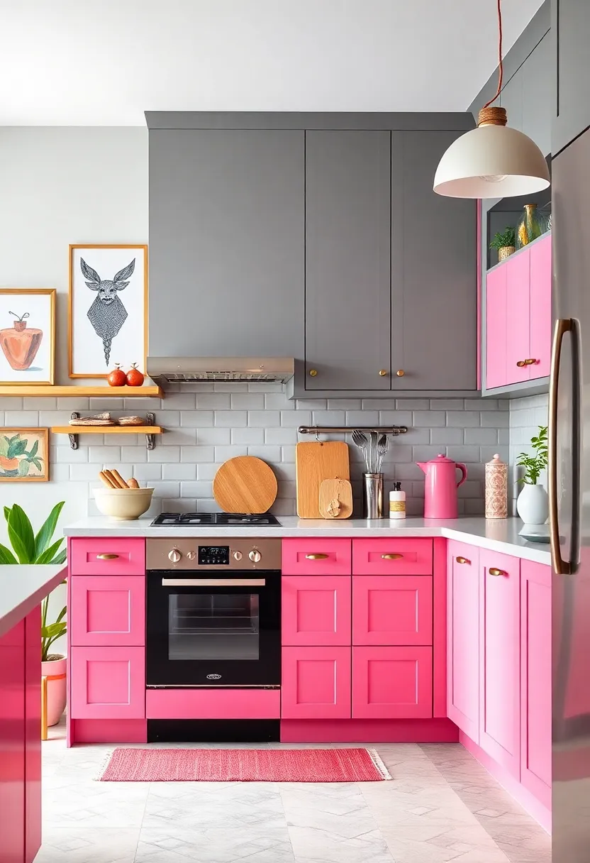 35 Fantastische Farbkombinationen für zweifarbige Küchenschränke, die Ihr Herz erobern! - 34. Energetisches Pink und Grau