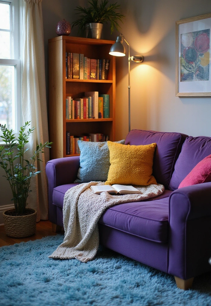 35 Vibrant Living Room Ideas: Style a Purple Couch with a Bold Blue Rug and Elegant Chandelier! - 1. Cozy Corner Nook