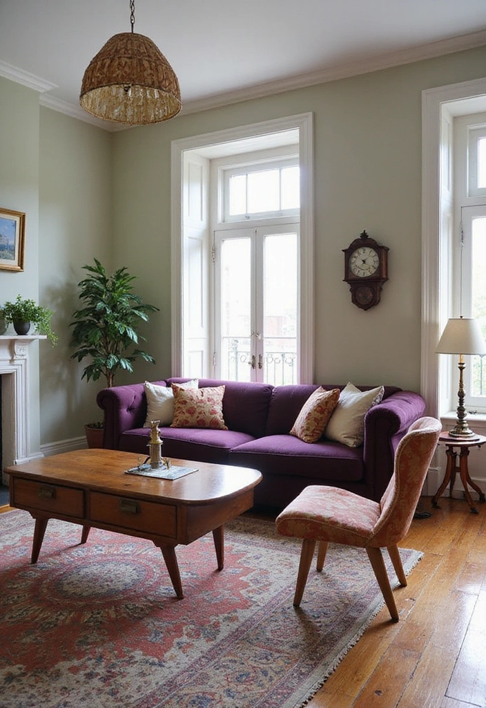 35 Vibrant Living Room Ideas: Style a Purple Couch with a Bold Blue Rug and Elegant Chandelier! - 12. Vintage Touches