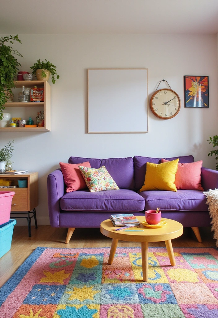 35 Vibrant Living Room Ideas: Style a Purple Couch with a Bold Blue Rug and Elegant Chandelier! - 14. Fun Accessories for Kids