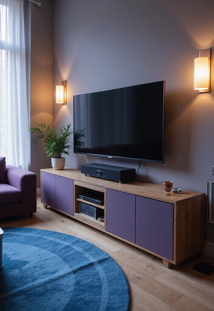 35 Vibrant Living Room Ideas: Style a Purple Couch with a Bold Blue Rug and Elegant Chandelier! - 16. Incorporating Technology