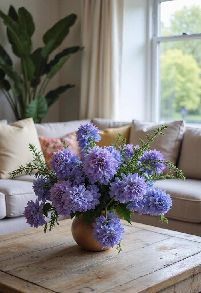 35 Vibrant Living Room Ideas: Style a Purple Couch with a Bold Blue Rug and Elegant Chandelier! - 19. Bold Floral Arrangements