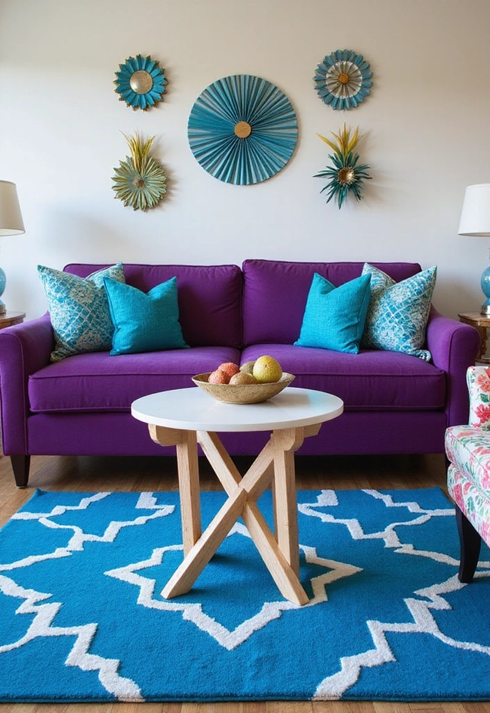 35 Vibrant Living Room Ideas: Style a Purple Couch with a Bold Blue Rug and Elegant Chandelier! - 2. Playful Patterns