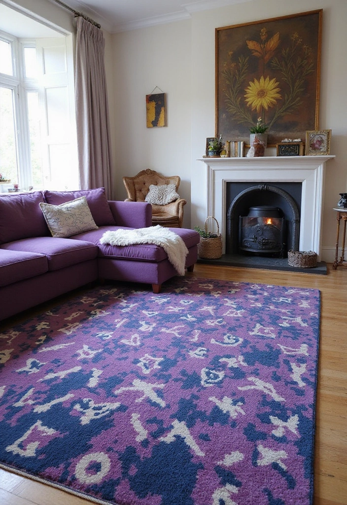 35 Vibrant Living Room Ideas: Style a Purple Couch with a Bold Blue Rug and Elegant Chandelier! - 20. Bold Area Rugs