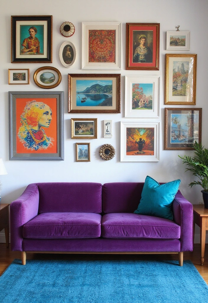 35 Vibrant Living Room Ideas: Style a Purple Couch with a Bold Blue Rug and Elegant Chandelier! - 22. Eclectic Gallery Wall