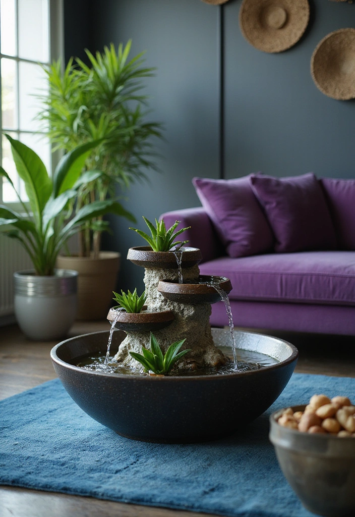 35 Vibrant Living Room Ideas: Style a Purple Couch with a Bold Blue Rug and Elegant Chandelier! - 24. Indoor Water Feature