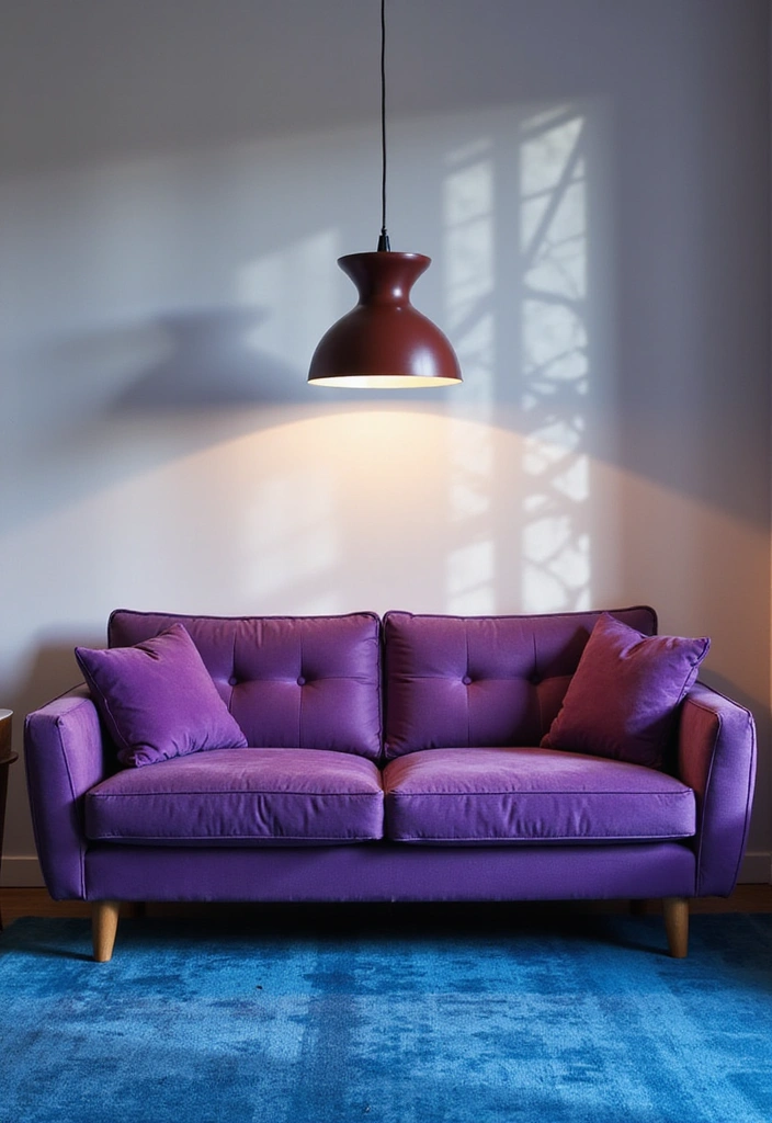 35 Vibrant Living Room Ideas: Style a Purple Couch with a Bold Blue Rug and Elegant Chandelier! - 25. Statement Lighting Fixtures