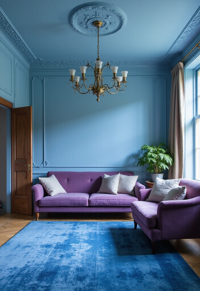 35 Vibrant Living Room Ideas: Style a Purple Couch with a Bold Blue Rug and Elegant Chandelier! - 26. Vibrant Ceiling Treatments
