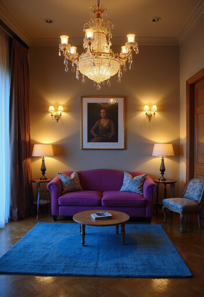 35 Vibrant Living Room Ideas: Style a Purple Couch with a Bold Blue Rug and Elegant Chandelier! - 27. Layered Lighting