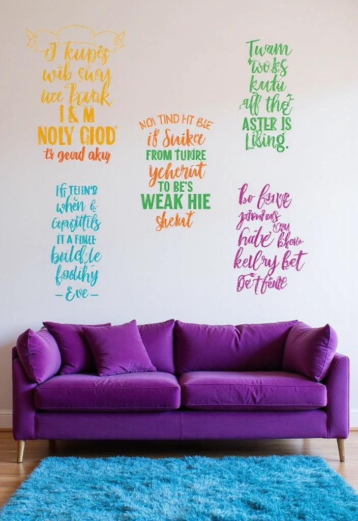 35 Vibrant Living Room Ideas: Style a Purple Couch with a Bold Blue Rug and Elegant Chandelier! - 28. Personalized Wall Decals
